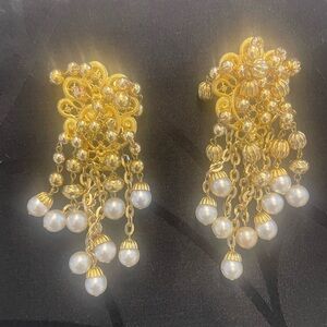 Elegant Gold and Pearl Dangle Earrings from runway collection.